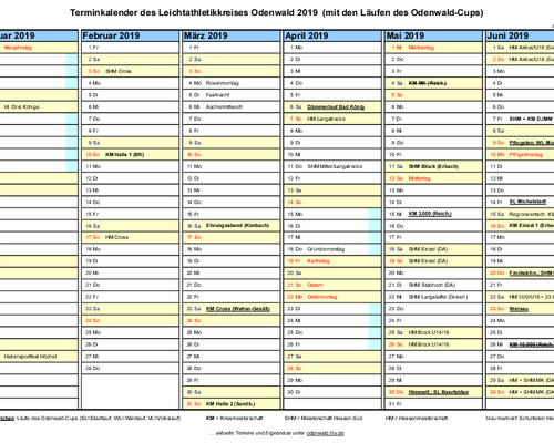 Vorläufiger Terminplan des Kreises Odenwald für 2019
